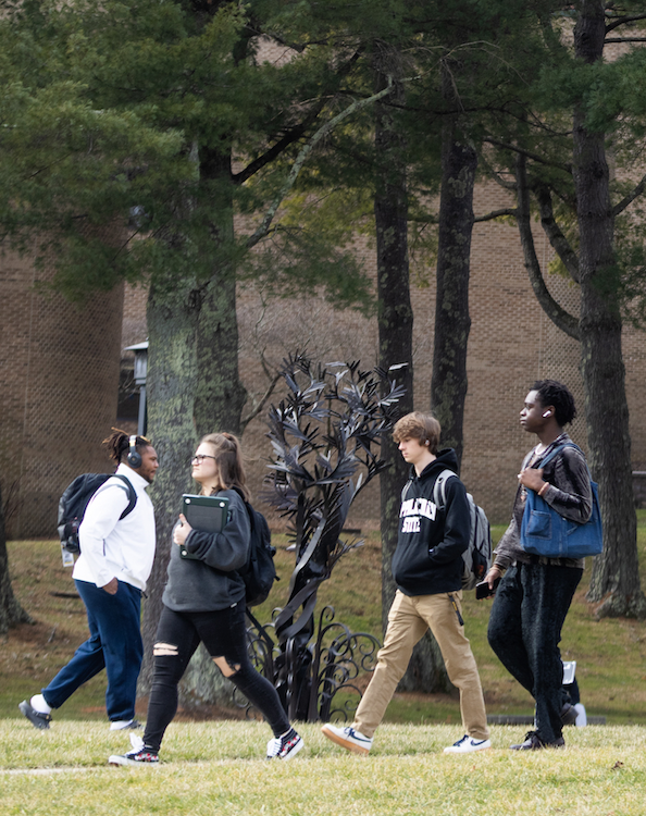 students walking trees